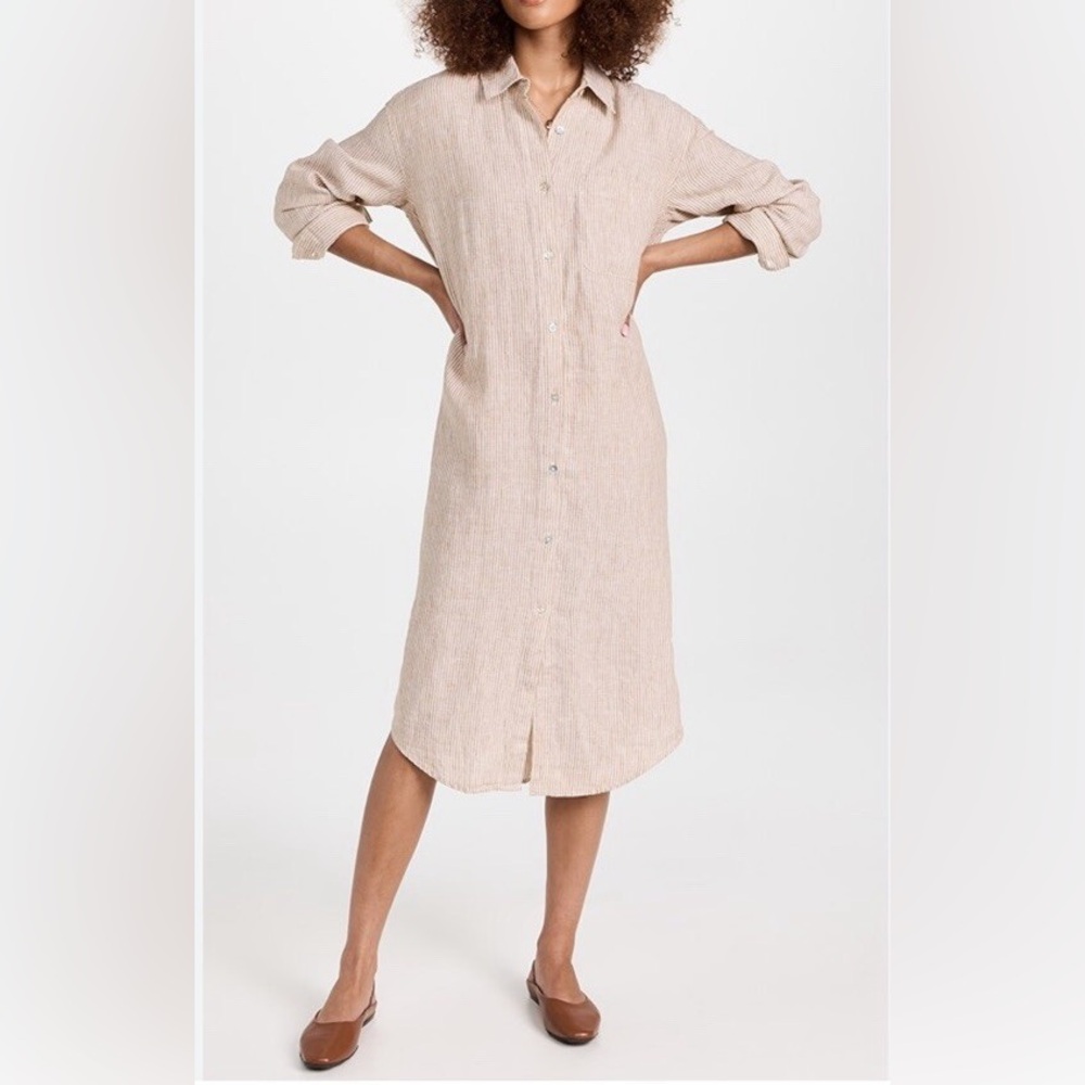 Faherty Gus Laguna striped Linen Button-Front Midi Dress golden Beige white